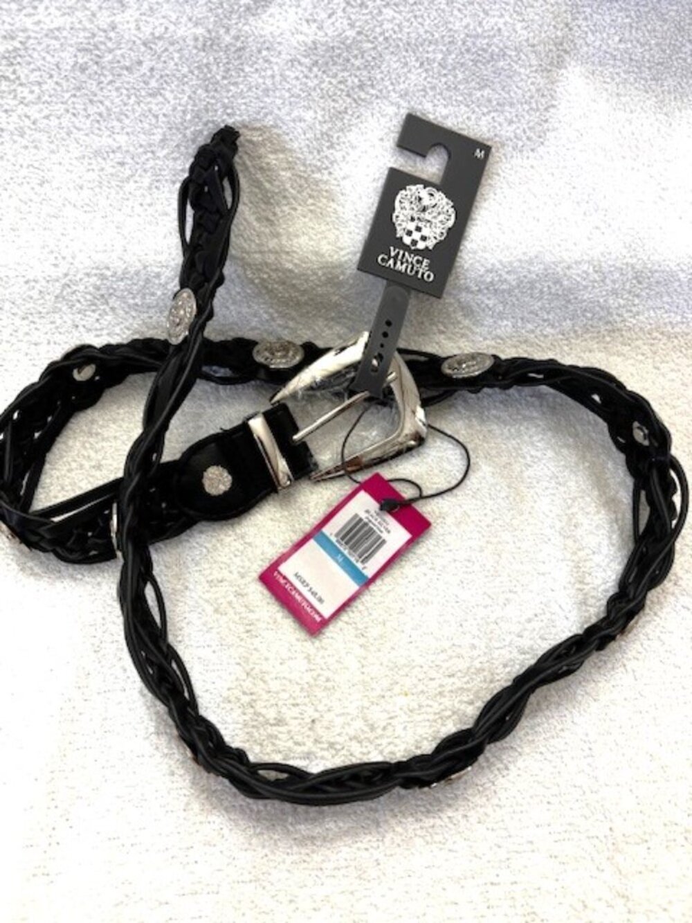 Vince Camuto black braided belt with silver tone medallions NWT Size M
